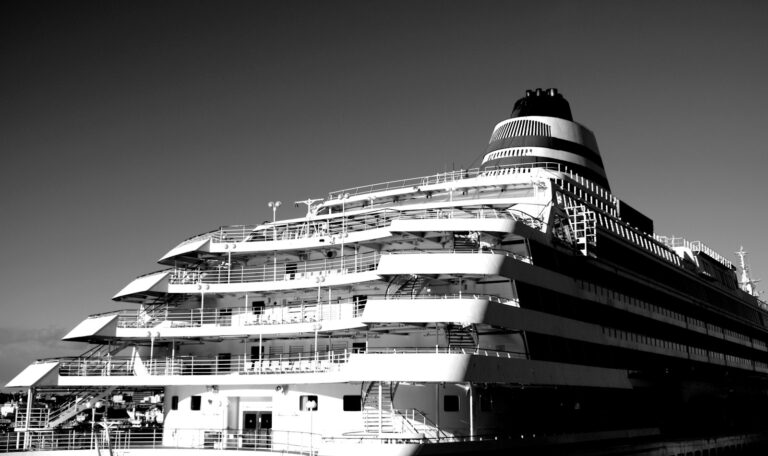 grayscale photo of white and black ship